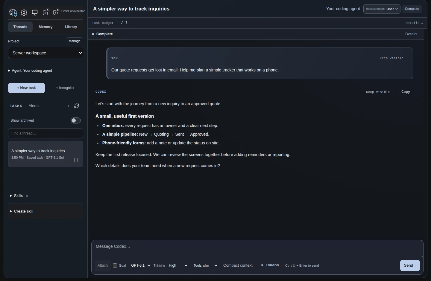 A sample conversation about planning a quote tracker in the blue Moonrise desktop theme.