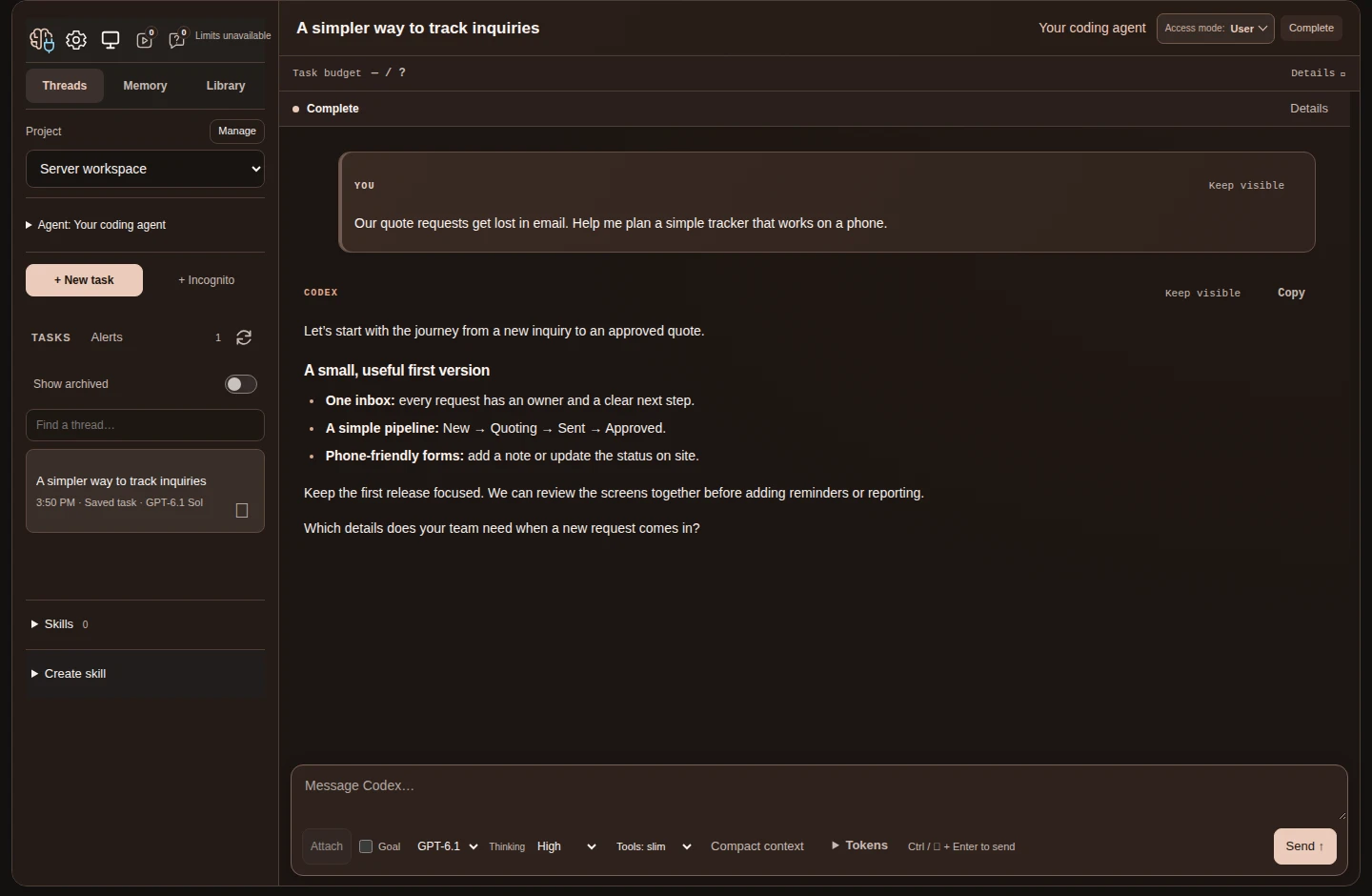 The sample quote-tracker conversation in the coral Sunroom desktop theme.