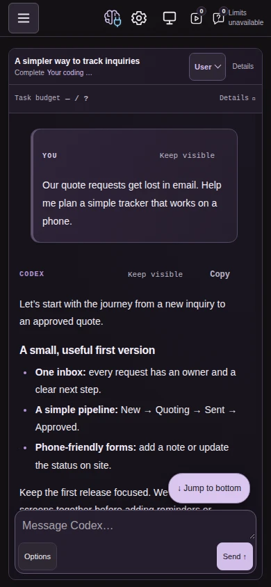 The sample quote-tracker conversation on a phone-sized screen in the purple Amethyst theme.